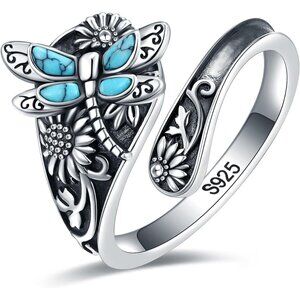 Vintage Sterling Silver Abalone Dragonfly Sunflower Ring with Turquoise for Wome